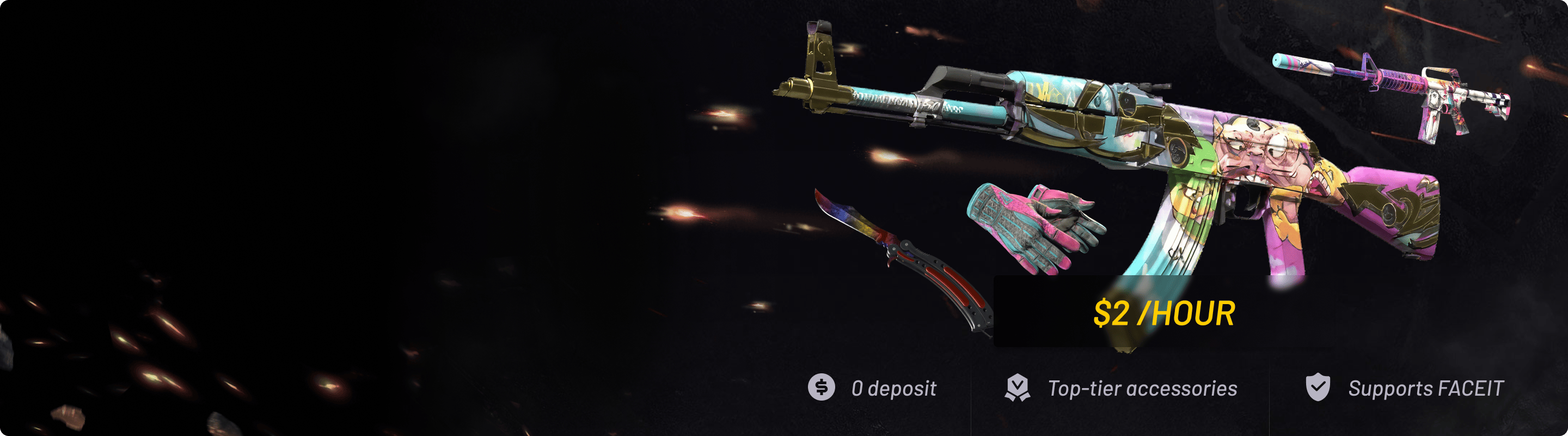 0 depozytu, wynajmij pełne zestawy najwyższej klasy skinów, FACEIT wspierany